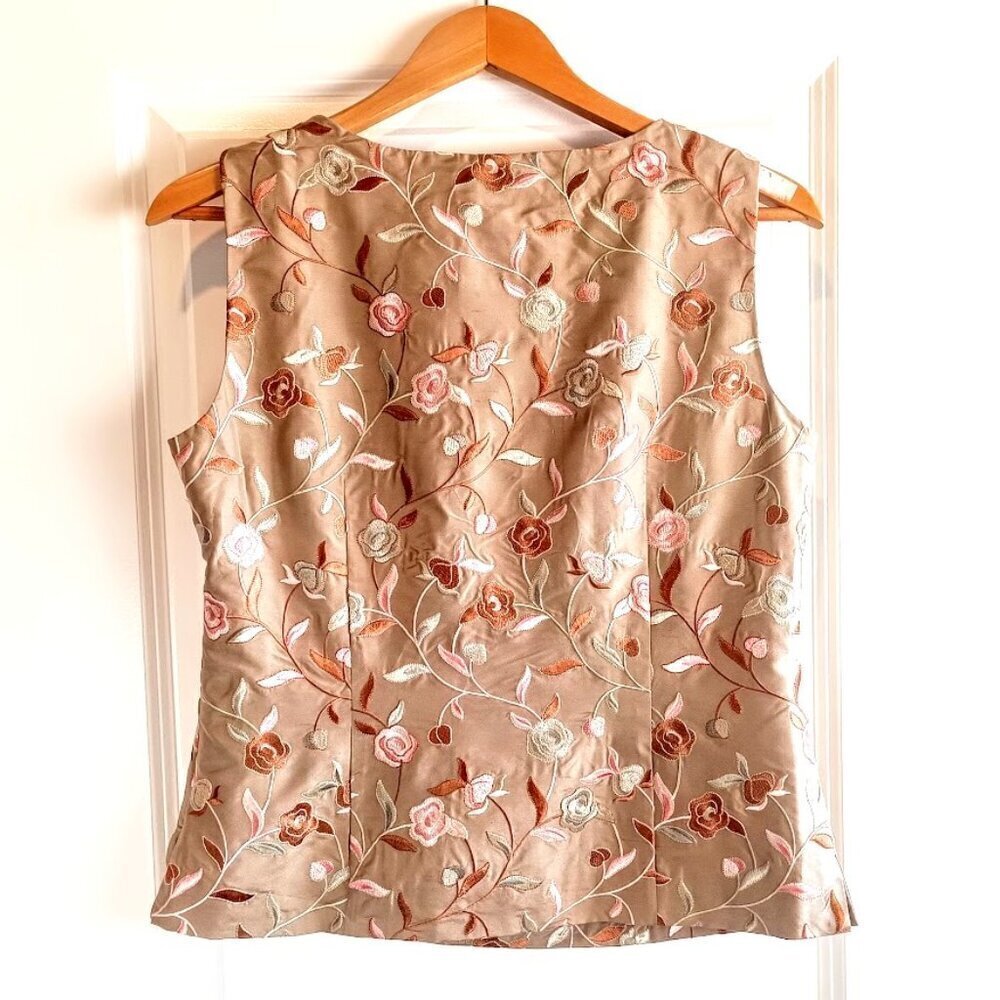 Talbots Tan Floral Embroidered Silk Shantung Sleeveless Top NWT - Picture 2 of 7